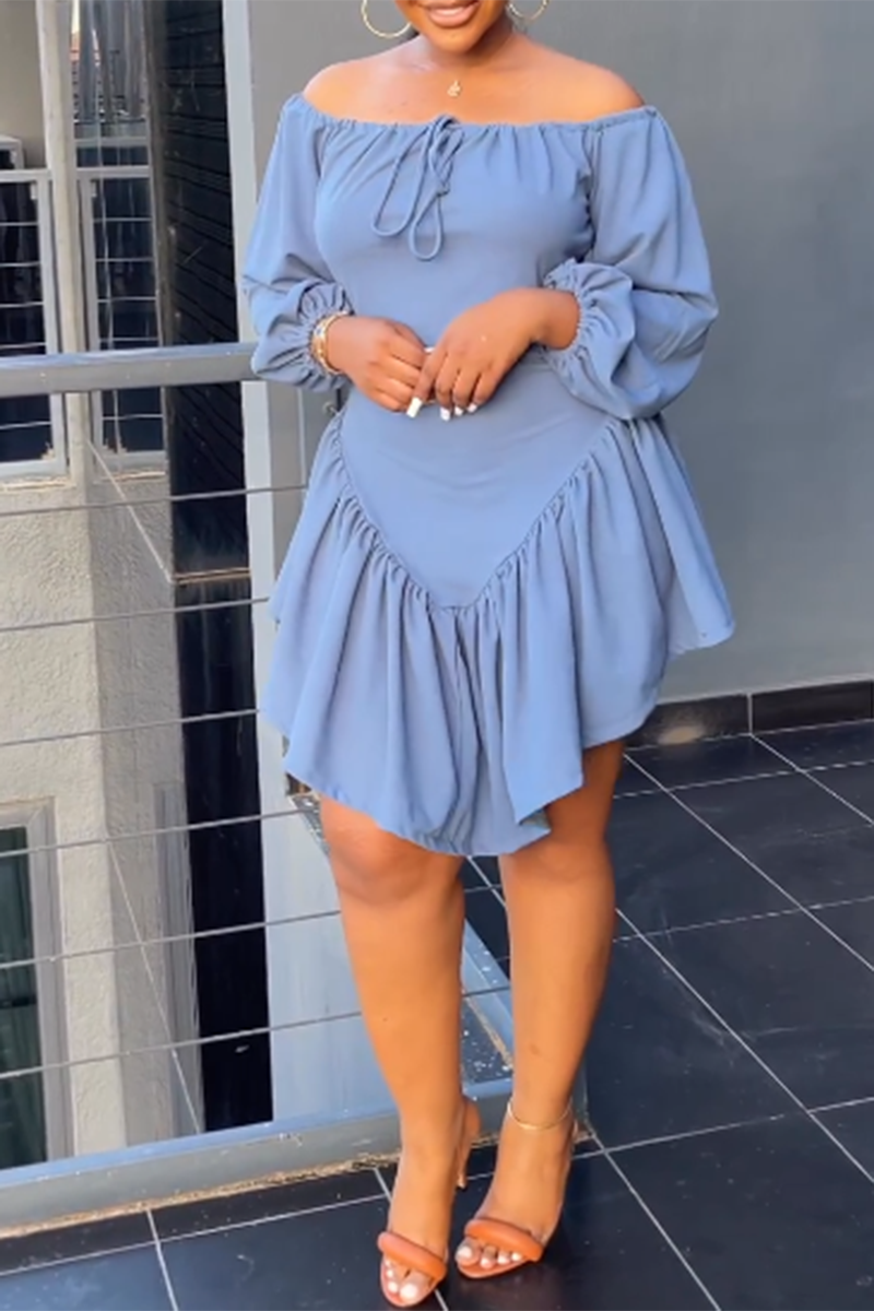 Cyflymder - Blue Casual Sweet Daily Simplicity Patchwork Frenulum Flounce Solid Color Off the Shoulder Dresses