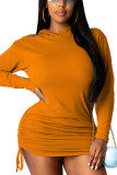 Cyflymder - Orange Sexy Solid Patchwork Fold Hooded Collar Long Sleeve Mini Pencil Skirt Dresses