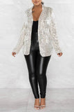 Cyflymder - Silver Celebrities Solid Sequins Patchwork Turn-back Collar Outerwear
