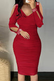 Cyflymder - Red Sexy Casual Solid Hollowed Out Patchwork Hot Drill V Neck Long Sleeve Dresses