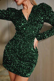 Cyflymder - Ink Green Sexy Casual Patchwork Sequins V Neck Long Sleeve Dresses