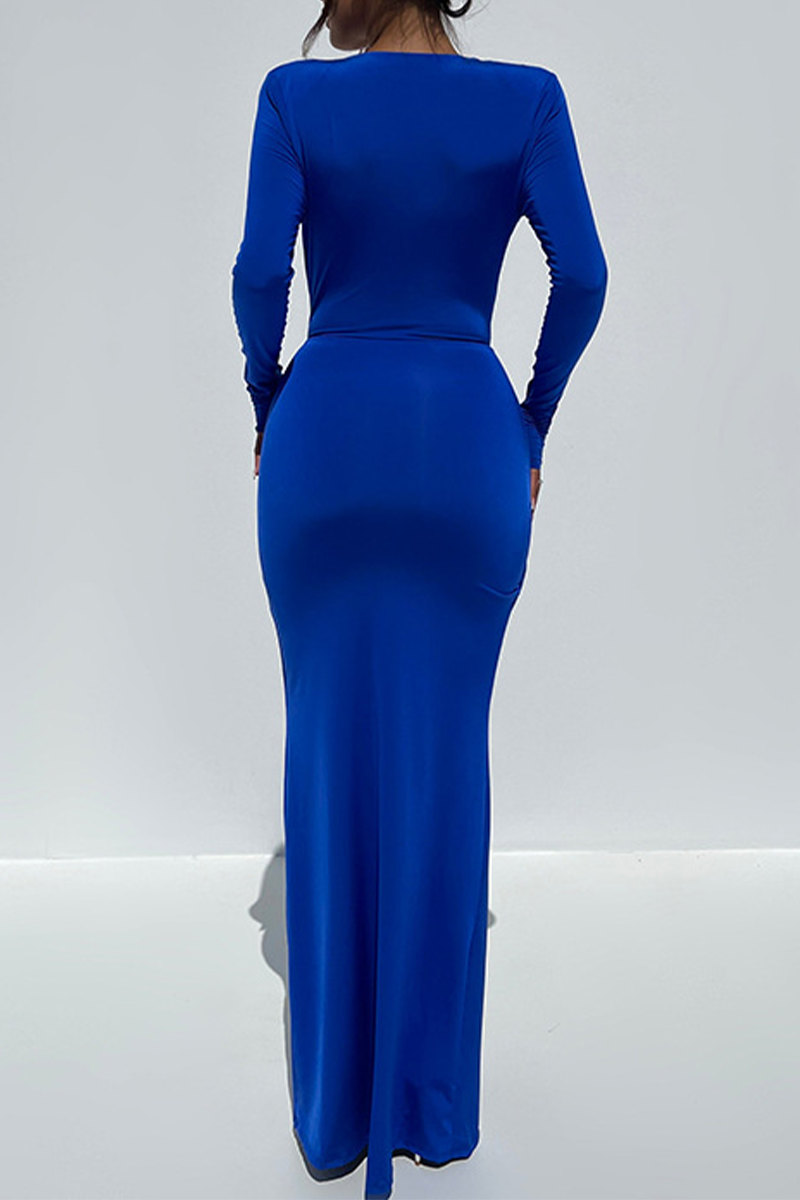 Cyflymder - Blue Sexy Solid Patchwork Slit Fold V Neck Irregular Dress Dresses