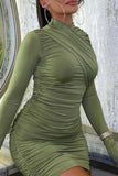 Cyflymder - Green Casual Solid Fold Half A Turtleneck Long Sleeve Dresses