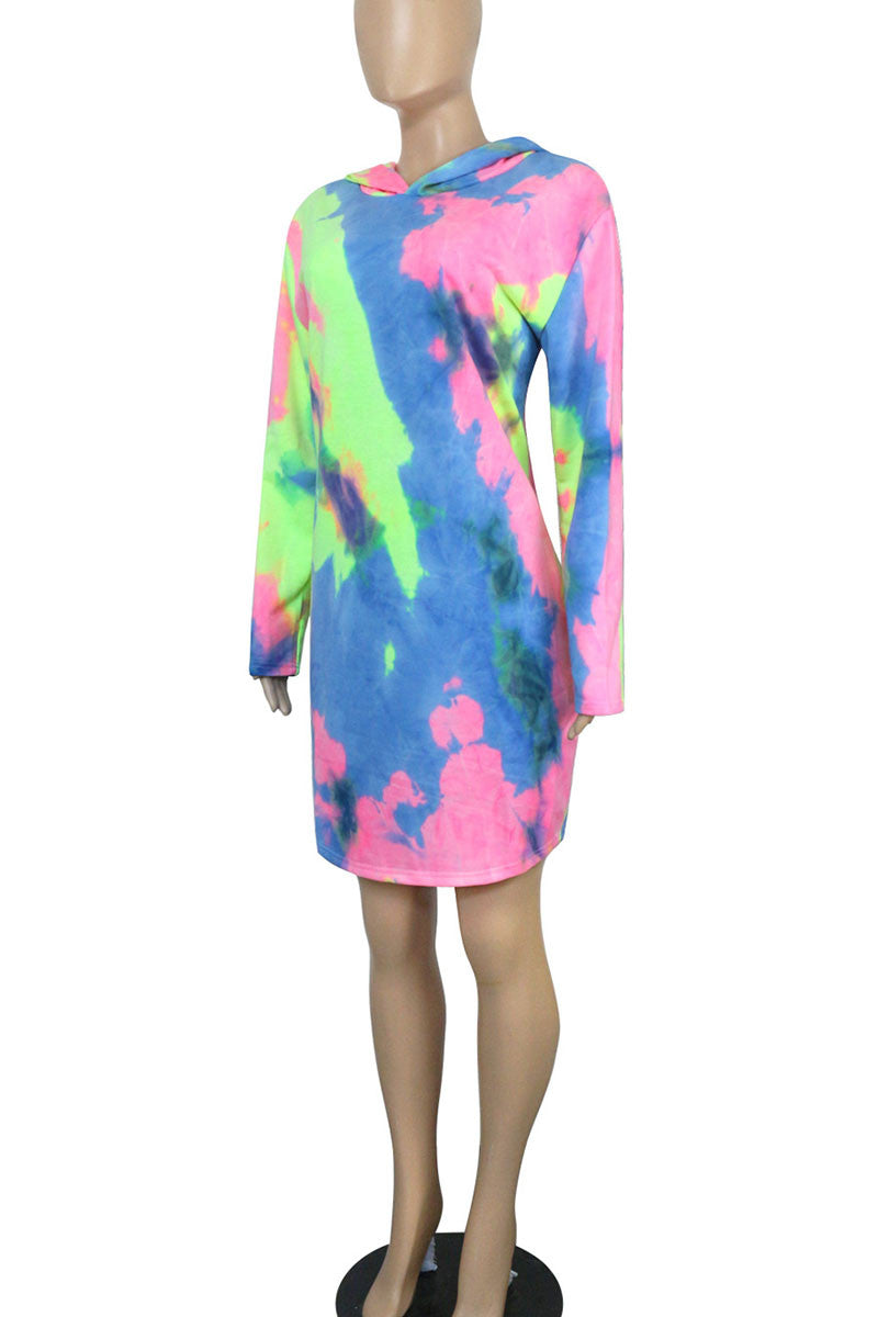 Cyflymder - Red Gray Casual Print Tie Dye Patchwork Hooded Collar Straight Plus Size Dresses