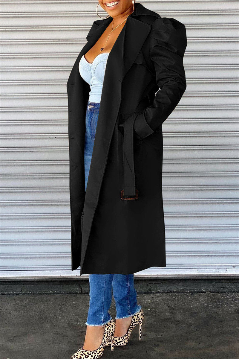 Cyflymder - Black Fashion Casual Solid Cardigan Turndown Collar Outerwear