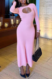 Cyflymder - Pink Casual Hollowed Out O Neck Long Sleeve Dresses
