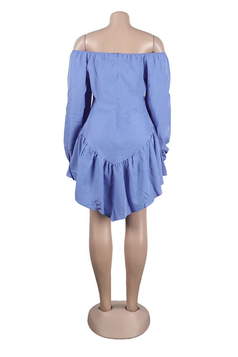 Cyflymder - Blue Casual Sweet Daily Simplicity Patchwork Frenulum Flounce Solid Color Off the Shoulder Dresses