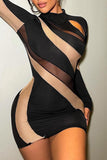 Cyflymder - Black Sexy Patchwork See-through O Neck Long Sleeve Dresses