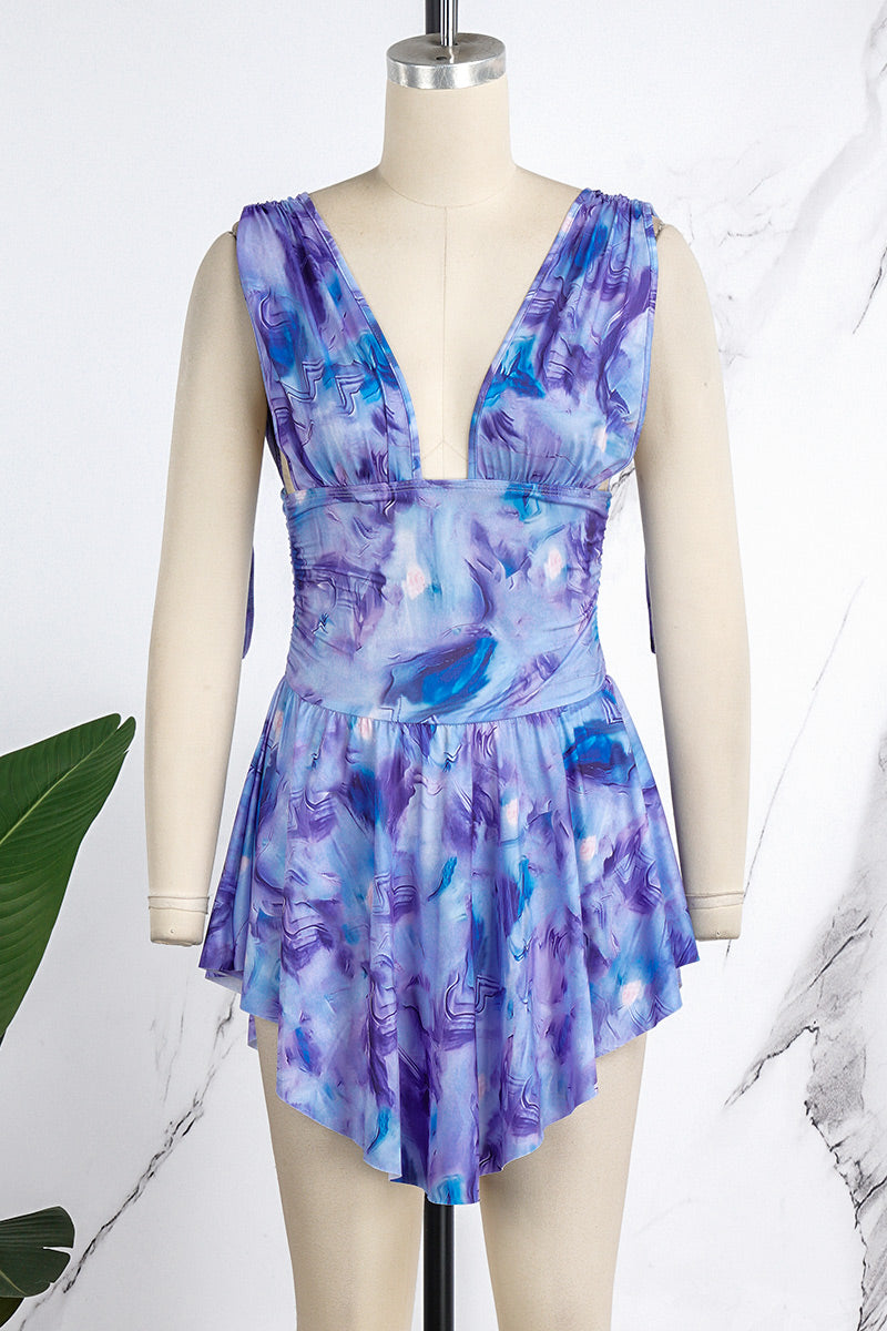 Cyflymder - Blue Casual Print Fold V Neck Sleeveless Dress Dresses