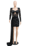 Cyflymder - Black Sexy Patchwork Hot Drilling Hollowed Out See-through V Neck Wrapped Skirt Dresses