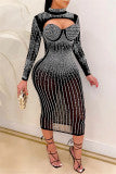 Cyflymder - Black Fashion Sexy Patchwork Hot Drilling Hollowed Out See-through Half A Turtleneck Long Sleeve Dresses