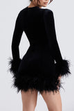Cyflymder - Black Celebrities Solid Patchwork Feathers O Neck One Step Skirt Dresses
