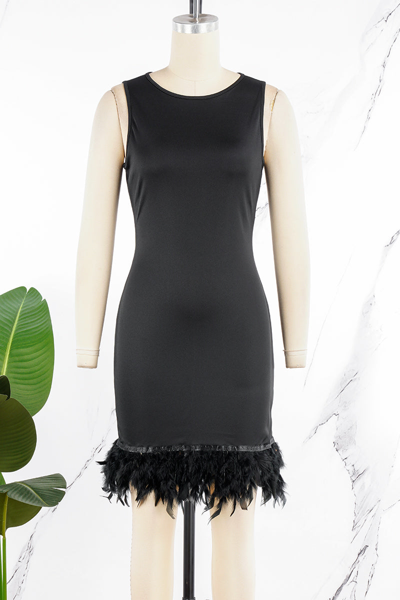 Cyflymder - Black Daily Party Elegant Simplicity Patchwork Feathers Solid Color O Neck Sleeveless Dress Dresses
