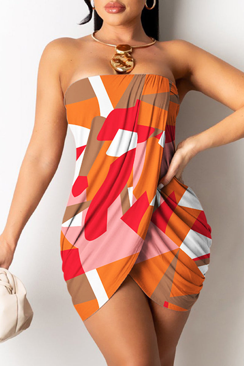 Cyflymder - Orange Sexy Print Patchwork Backless Strapless Sleeveless Dress Dresses