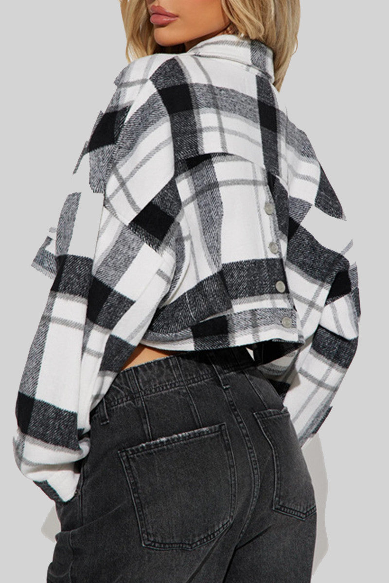 Cyflymder - Black Casual Plaid Patchwork Pocket Buckle Turndown Collar Outerwear