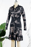 Cyflymder - Black Casual Print Patchwork V Neck Long Sleeve Dresses