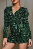 Cyflymder - Ink Green Sexy Casual Patchwork Sequins V Neck Long Sleeve Dresses