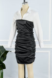 Cyflymder - Dark Brown Street Vintage Solid Patchwork Buckle Turndown Collar Long Sleeve Dresses(Fake two)