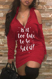 Cyflymder - Red Fashion Casual Letter Print Hollowed Out Hooded Collar Long Sleeve Dresses
