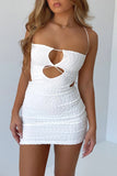 Cyflymder - White Sexy Striped Hollowed Out Backless Spaghetti Strap Sleeveless Dress Dresses