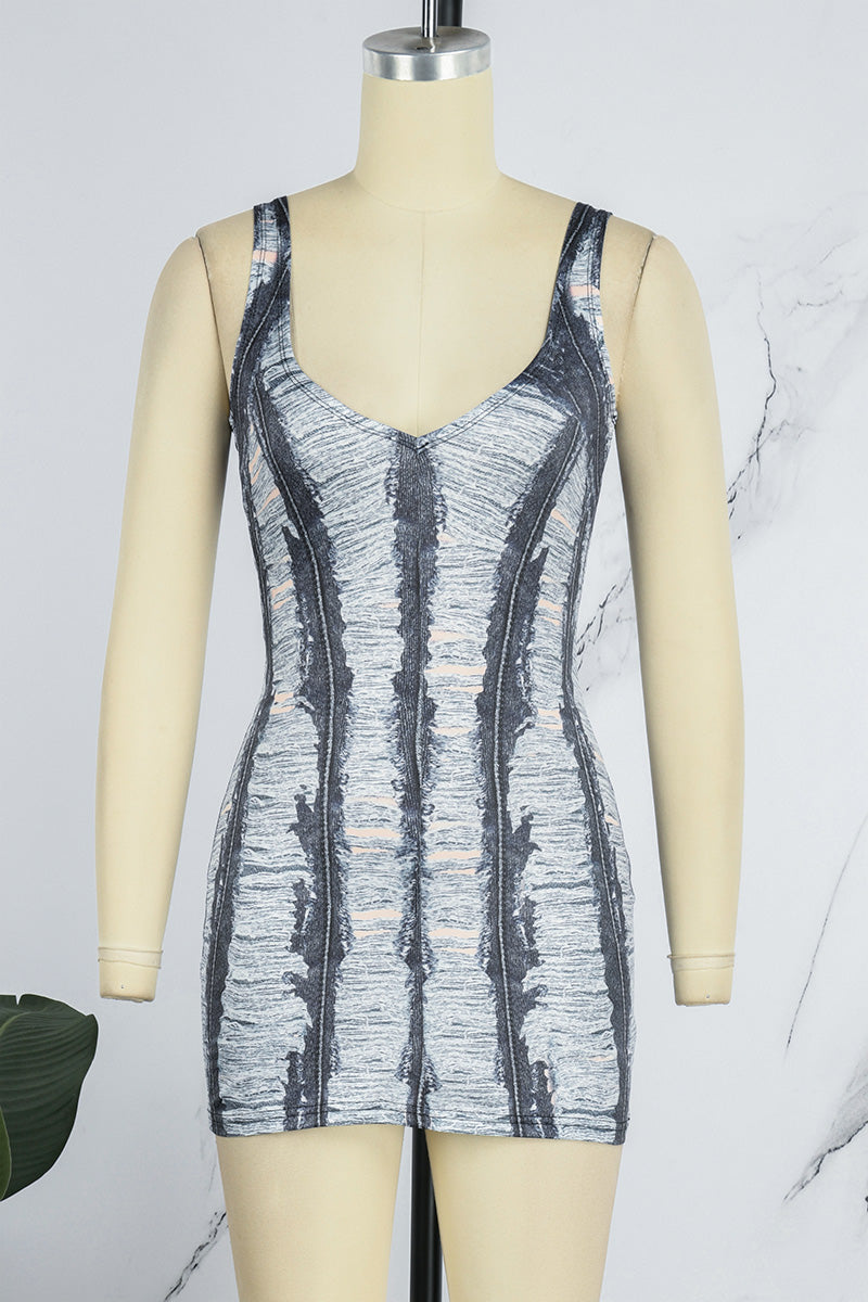 Cyflymder - Grey Sexy Striped Ripped Patchwork Backless Spaghetti Strap One Step Skirt Dresses
