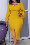 Cyflymder - Yellow Casual Elegant Solid Patchwork Slit Square Collar One Step Skirt Dresses