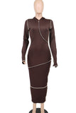 Cyflymder - Coffee Casual Solid Patchwork Hooded Collar Pencil Skirt Dresses