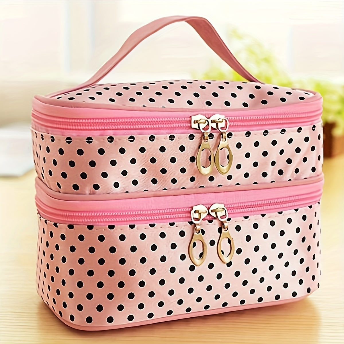 Cyflymder Double Layer Makeup Case Travel Toiletry Pouch Storage Bag For Women Girls With Handle And Brush Storage Area (Pink Polka Dot)