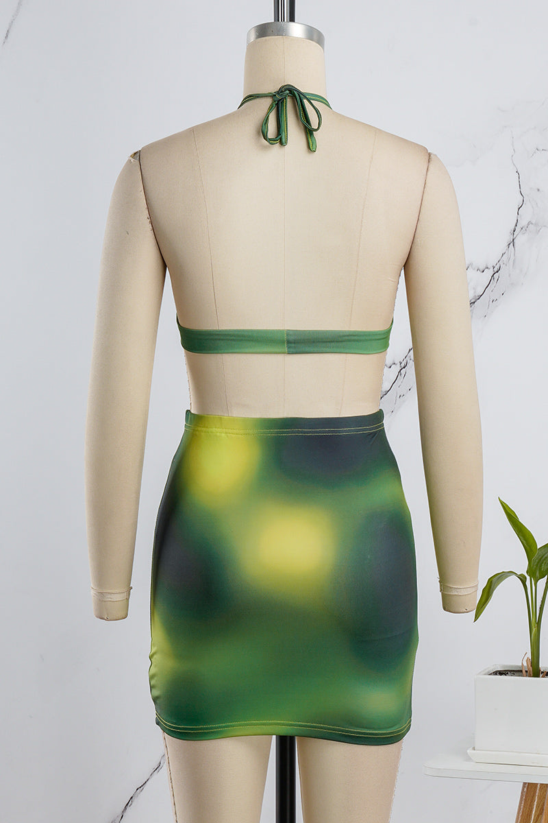 Cyflymder - Green Sexy Print Bandage Hollowed Out Backless O Neck Sleeveless Dress Dresses
