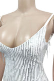 Cyflymder - Apricot Sexy Solid Tassel Sequins Patchwork Spaghetti Strap Sling Dress Dresses