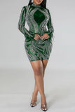 Cyflymder - Green Sexy Patchwork Hot Drilling See-through Half A Turtleneck Long Sleeve Dresses
