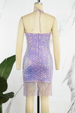 Cyflymder - Purple Sexy Patchwork Tassel Sequins Backless Halter Sleeveless Dress Dresses