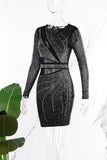 Cyflymder - Black Sexy Patchwork Hot Drilling See-through O Neck Long Sleeve Dresses