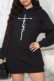 Cyflymder - Black Casual Print Patchwork Hooded Collar Long Sleeve Dresses