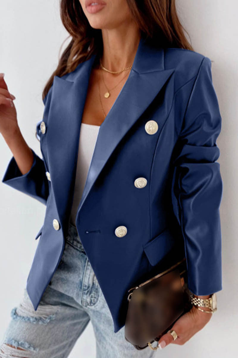 Cyflymder - Blue Casual Solid Cardigan Turn-back Collar Outerwear
