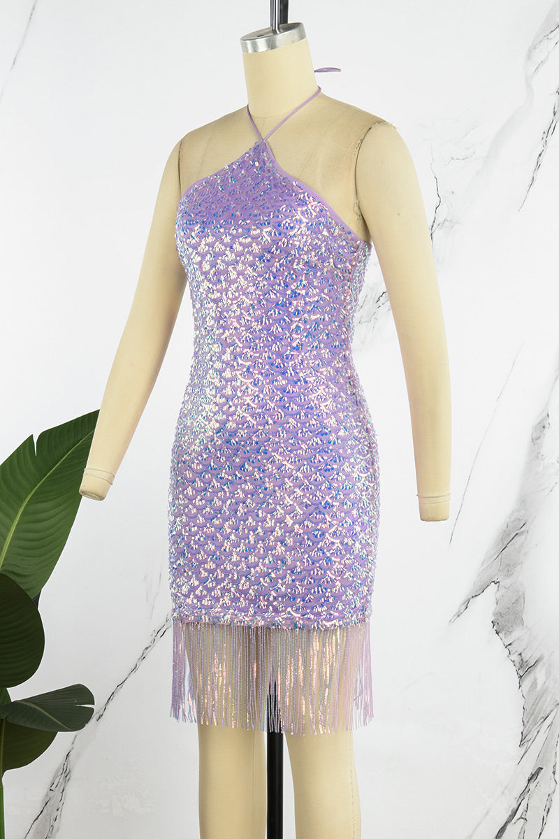 Cyflymder - Purple Sexy Patchwork Tassel Sequins Backless Halter Sleeveless Dress Dresses