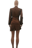 Cyflymder - Coffee Casual Solid Bandage Patchwork Flounce V Neck One Step Skirt Dresses