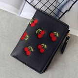 Fashion Women Girls Short Wallet Small PU Leather Cherry Embroidery Coin Purse Card Holders Lady Girl Mini Money Bag