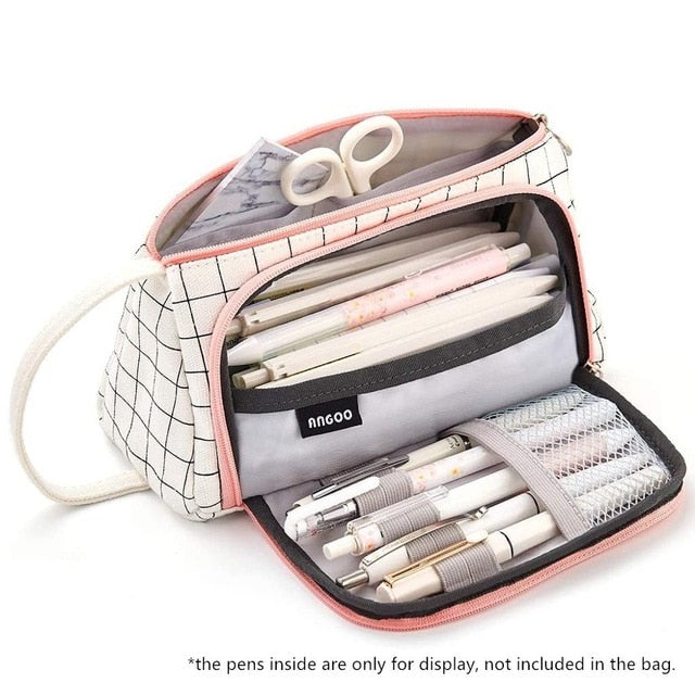 Cyflymder Grid Pen Pencil Case, Multi Slot Plaid Storage Bag, Big Pouch Organizer for Stationery Cosmetic Student A6443