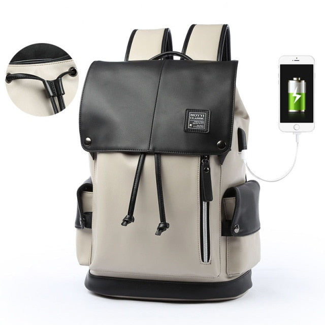 Man Backpack PU Leather USB Recharging Laptop School BaG Male Waterproof Travel Multi-color backpack Fashion Casual Quality Bag