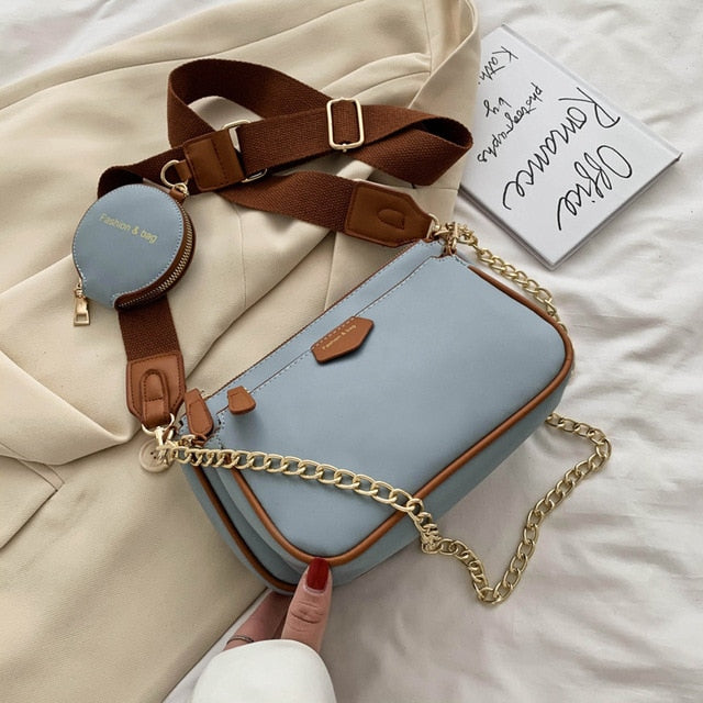 fashion chains women shoulder bags designer wide strap messenger bags luxury pu leather crossbody bag lady small purse 3 bag set