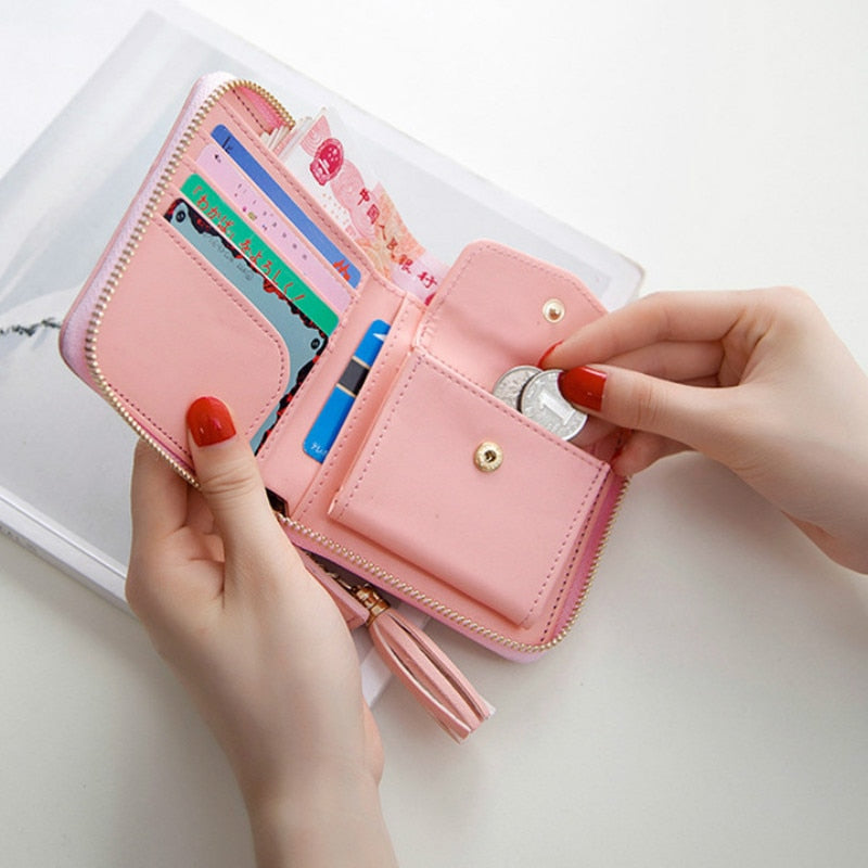 Women Fashion Short Wallet Female Korean Tassel Small Wallet Simple Square Zipper Wallet Lady Coin Purse Cute Wallet
