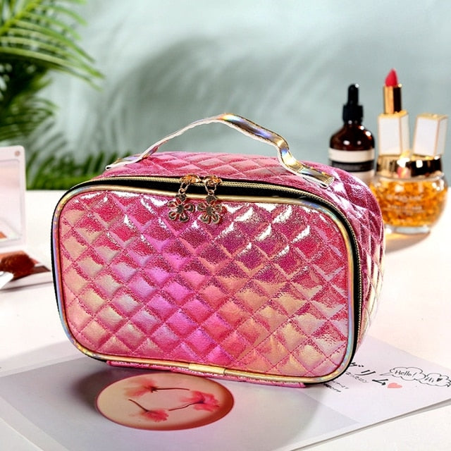 New fashion pu portable cosmetic case makeup bag casual square lattice women storage wash bag