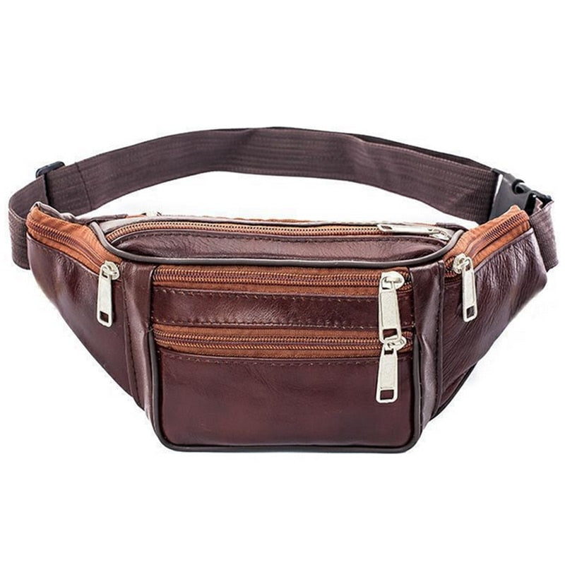 Fashion Men Genuine Leather Waist Bag Multi-pocket and Multiple Zipper Belt Bag Adjustable Belt Fanny Pack Shopping Phone Bags