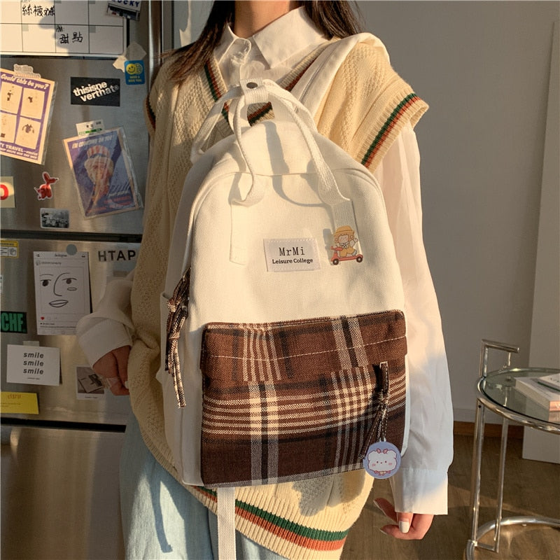 Cyflymder Female Canvas Backpacks for School Teenagers Girls Small Fresh Plaid School Bag Kawaii Bookbag Korean College New Mochilas
