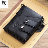 Quality Genuine Leather men Wallet Brand zipper Man Purse Vintage cow leather Male card Coin Bag with iron chain