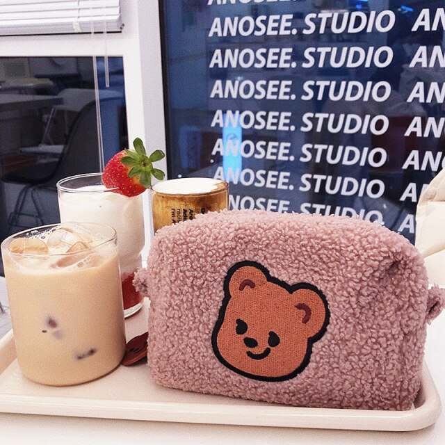 Cyflymder Bear Flannel Cosmetic Bag Portable Large Capacity Wash Bag Women Travel Makeup Brush Organizer Storage Pouch Student Pencil Case