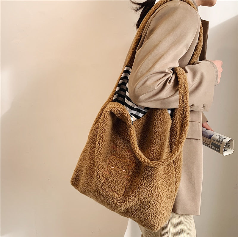 Plush Shoulder Bags For Women Simple Fashion Warm Fabric Large Capacity Shopping Bag Soft Canvas Tote Ladies Cute Bear Handbags
