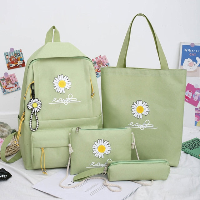 Cyflymder 4pcs/Set Preppy Style Daisy Print Backpacks Canvas School Rucksack Teenager Girls Travel Mochila Shoulder Bags Students Pen Clut