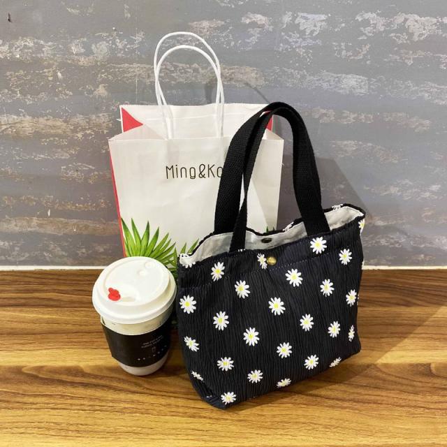 New Mini Handbag Wrinkle Shopping Bag for Girl Fresh Small Cotton Ruffle Tote Flower Print Lunch Bag Everyday Foldable Cloth Bag